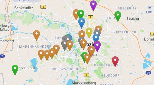 Kartenausschnitt Leipzig mit Markierungen von Sachspenden-Annahmestellen