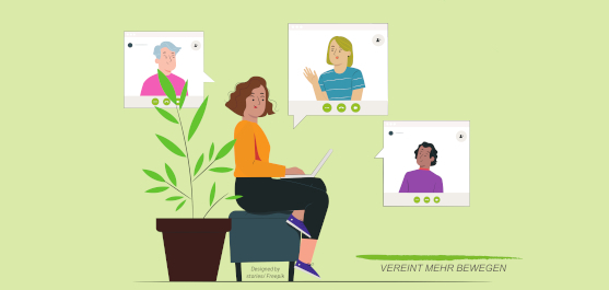 Eine Person sitzt eben einer Zimmerpflanze entspannt auf einem gepolsterten Hocker. Auf ihrem Schoß hat sie einen Laptop. In Sprechblasen um sie herum sind weitere Personen zu sehen. Die Grafik stellt die Teilnahme an einer Videokonferenz dar.