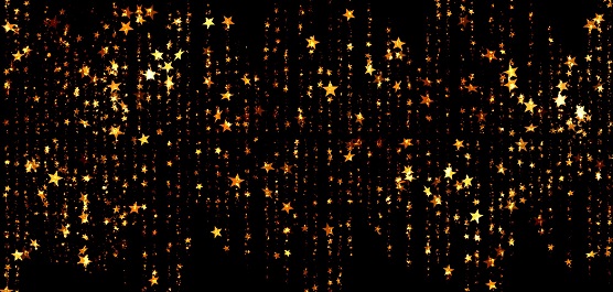 Glitzernde goldene Sterne funkeln vor einem schwarzen Hintergrund.