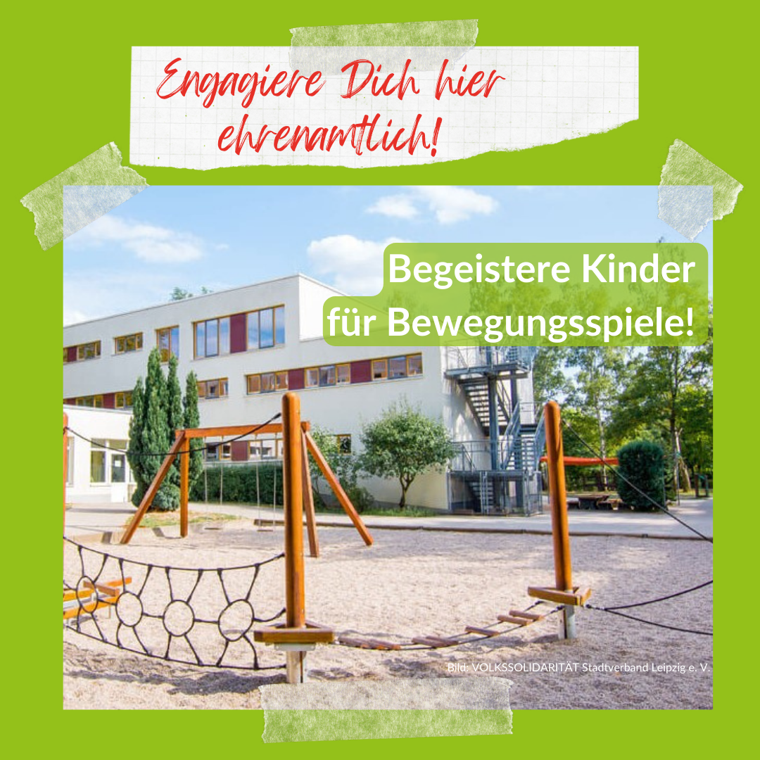 Spielgeräte auf dem Hof der Kita "Max & Moritz"; Text: Engagiere Dich hier ehrenamtlich! Begeistere Kinder für Bewegungsspiele!