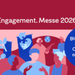 Illustrative Grafik zeigt Menschenim Engagement; Logo Stadt Leipzig; Leipziger Engagement. Messe 2026. Bis 31.5.2026 um einen Ausstellungsplatz bewerben!